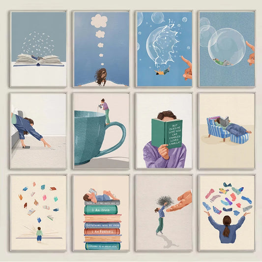 Minimalist Reading Girl Balloon Canvas Wall Print