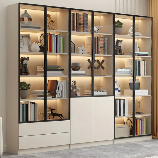 Wood Bookcase Cabinet with Glass Door Display