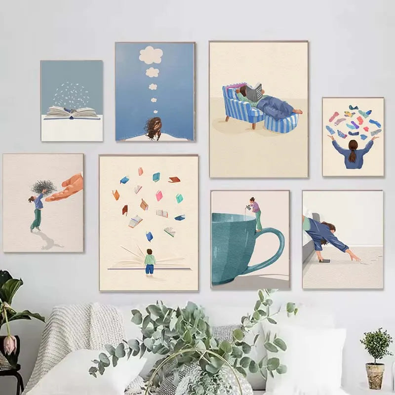 Minimalist Reading Girl Balloon Canvas Wall Print