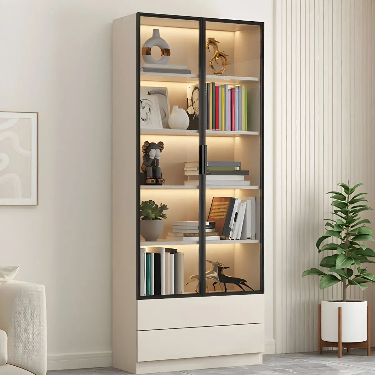 Wood Bookcase Cabinet with Glass Door Display