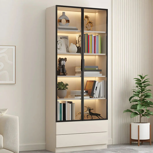 Wood Bookcase Cabinet with Glass Door Display