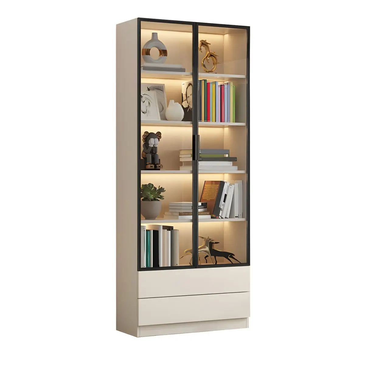 Wood Bookcase Cabinet with Glass Door Display