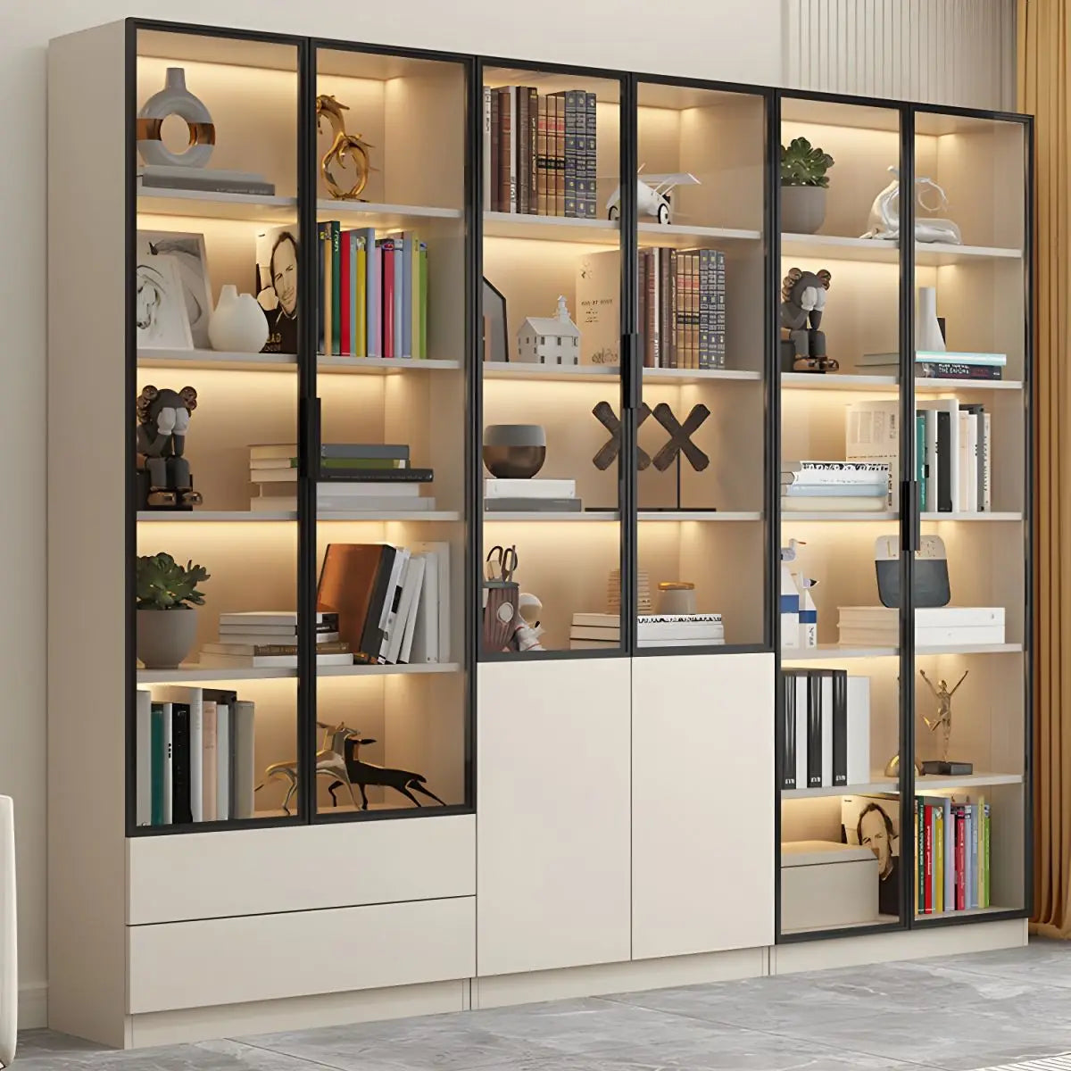 Wood Bookcase Cabinet with Glass Door Display